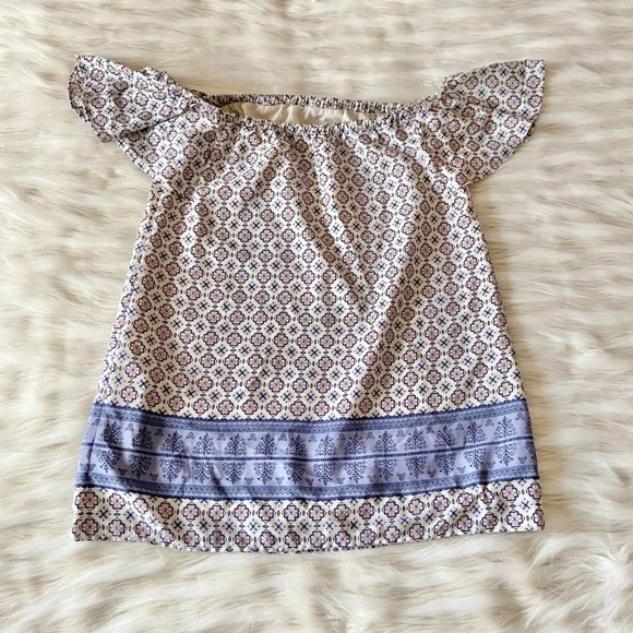 Forever 21 Preppy Cream Blue Paisley Off Shoulder Dress Sz XS - Picture 7 of 9